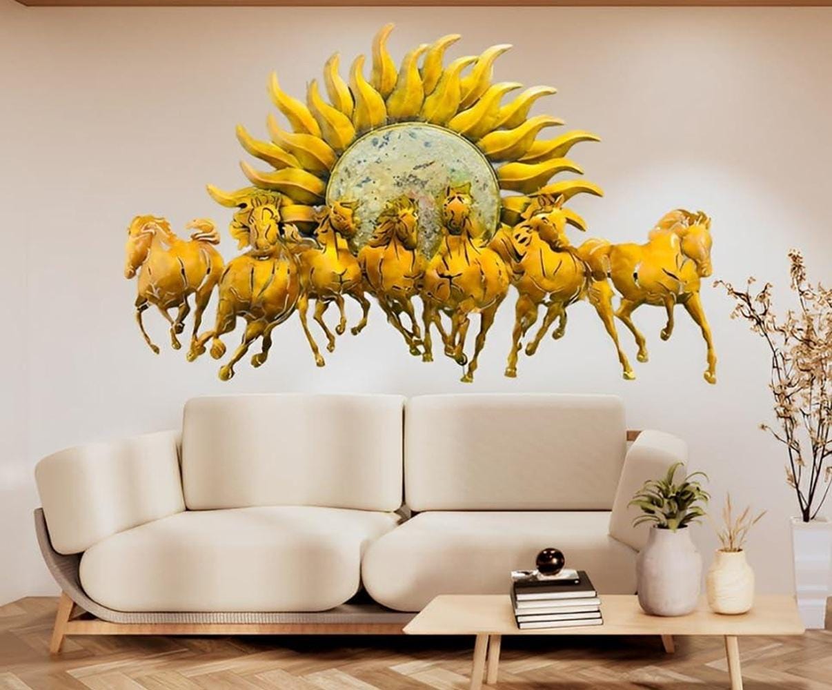 Large Metal Seven Horses Wall Art: Copper & Gold Sun Sculpture
