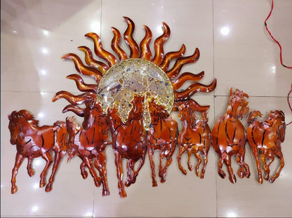 Large Metal Seven Horses Wall Art: Copper & Gold Sun Sculpture