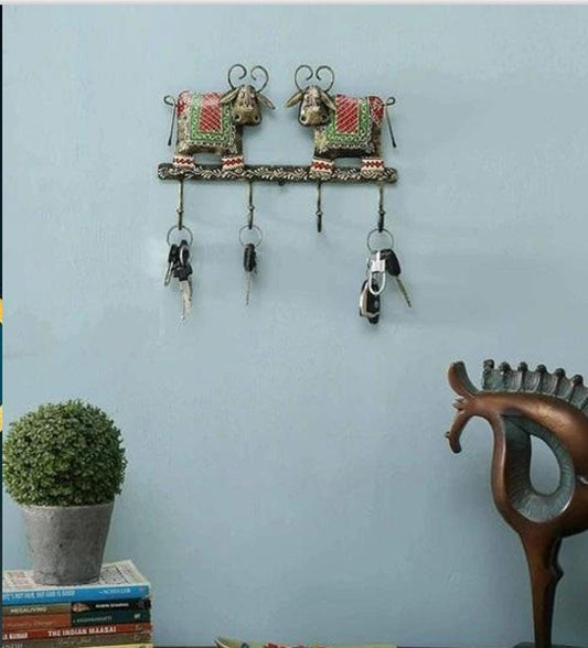 Hand-Painted Cow Key Hanger: Rajasthani Folk Art Metal Organizer