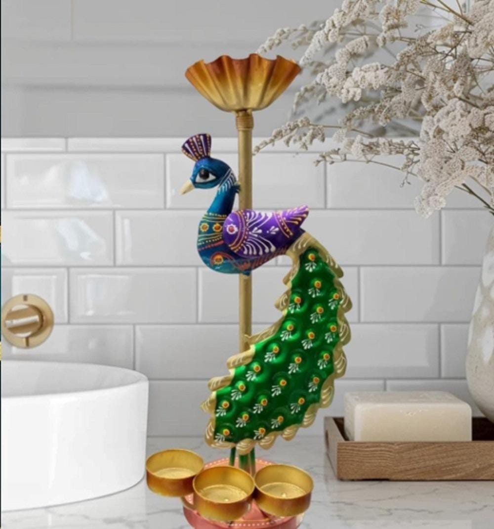 Hand-Painted Peacock Tealight Holder: 12" Diwali Diya Stand