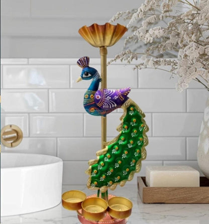 Hand-Painted Peacock Tealight Holder: 12" Diwali Diya Stand