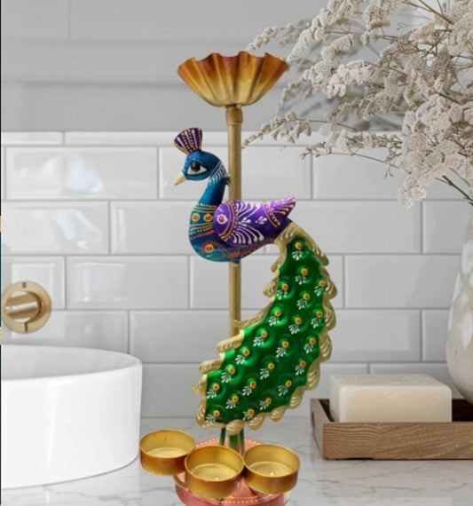 Hand-Painted Peacock Tealight Holder: 12" Diwali Diya Stand