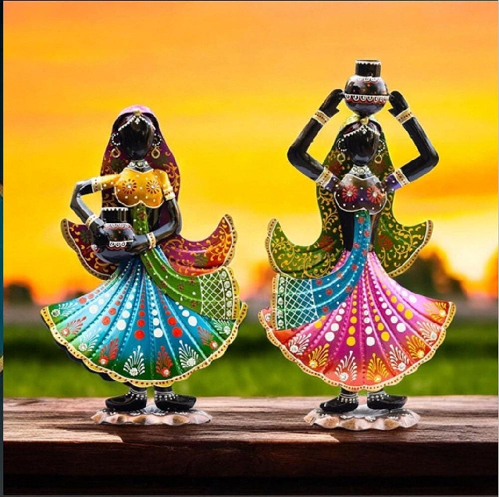 Vibrant Indian Handicraft Lady Figurine with Matka - Decorative Table/Console Accent