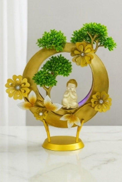 Golden Buddha Showpiece: Ring & Faux Bonsai - Vastu Feng Shui Decor