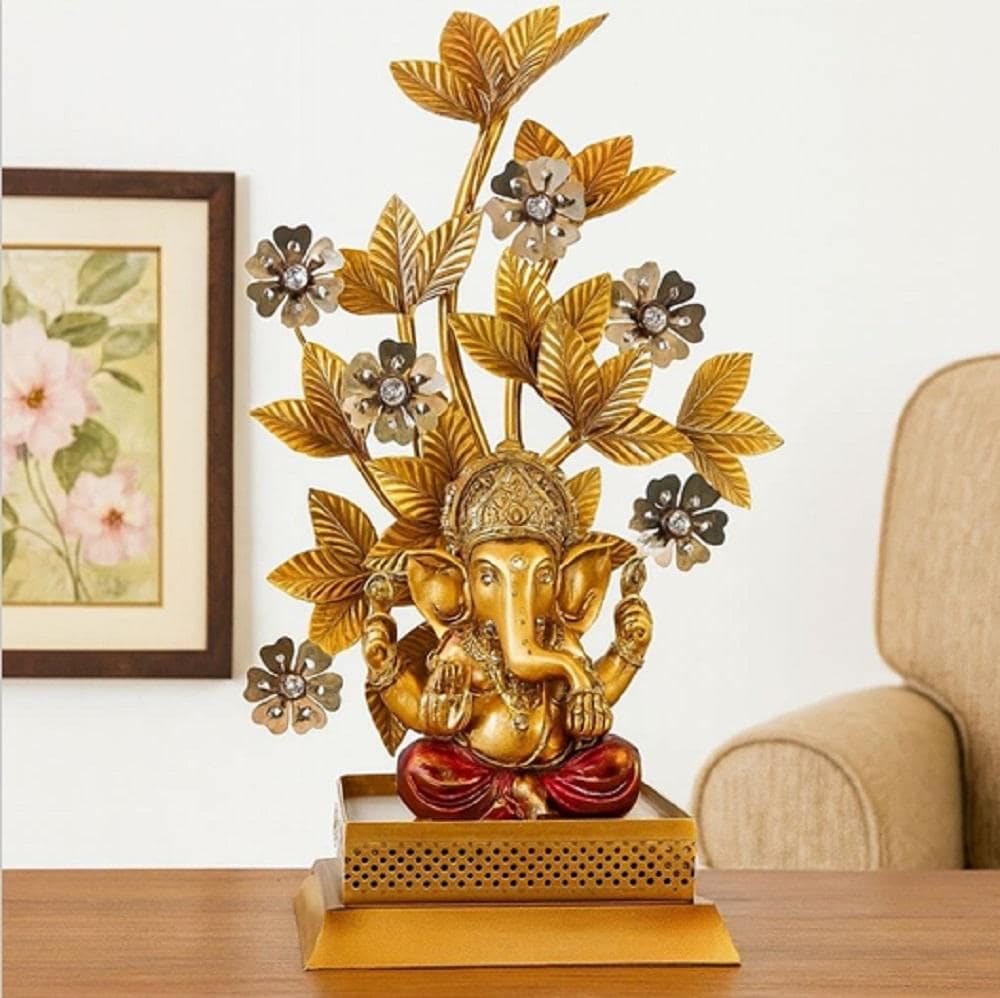 Golden Ganesha Idol with Tree: Hindu Home Temple Decor