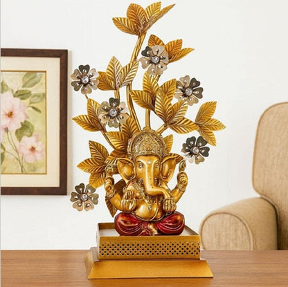 Golden Ganesha Idol with Tree: Hindu Home Temple Decor