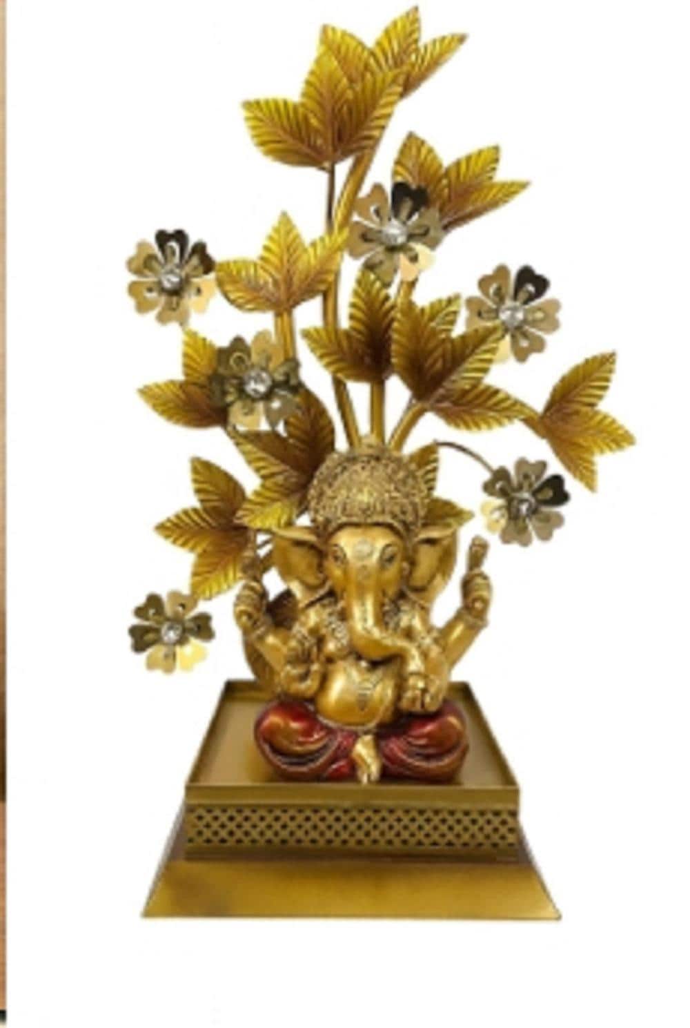Golden Ganesha Idol with Tree: Hindu Home Temple Decor