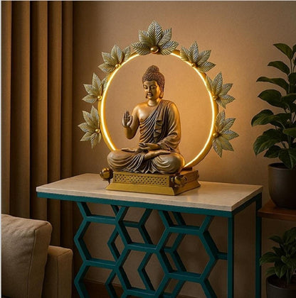 Abhaya Mudra Buddha Statue with Lighted Ring - Gold Finish Decor