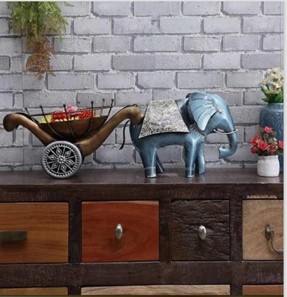 Blue Metal Elephant with Antique Cart/Trolley -  Home Decor Showpiece