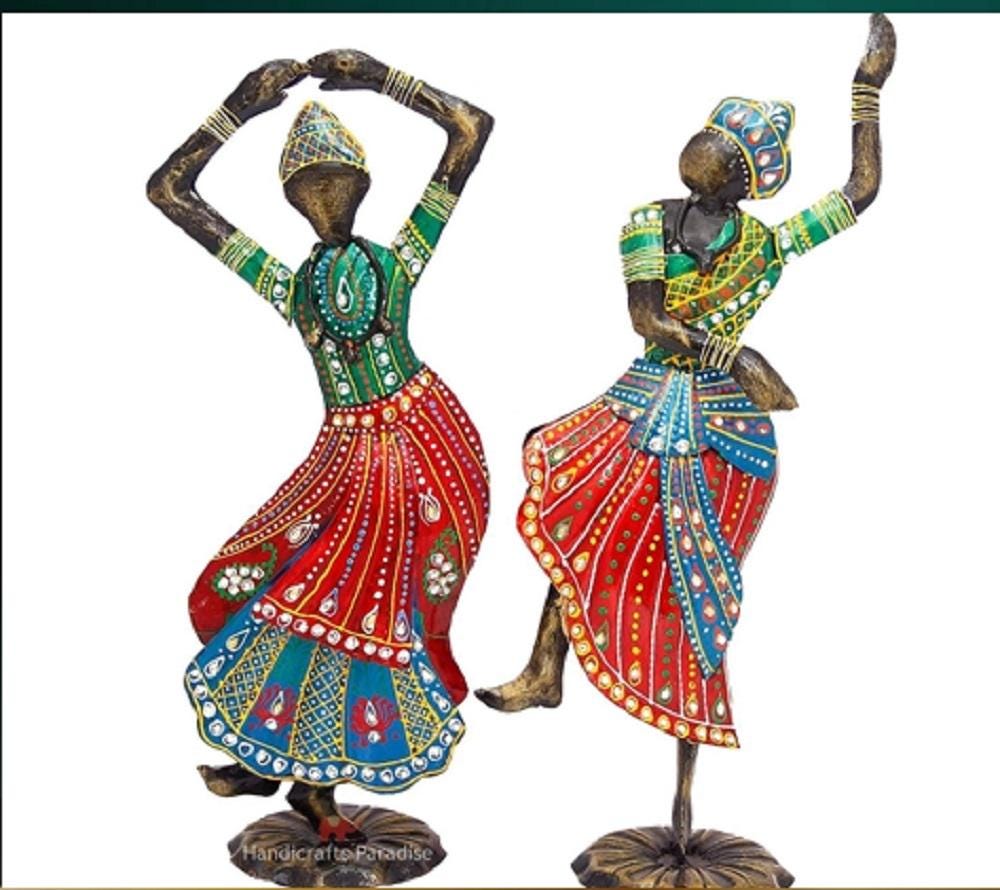Hand-Painted Meenakari Indian Dancer Figurines: Colorful Metal Art Decor