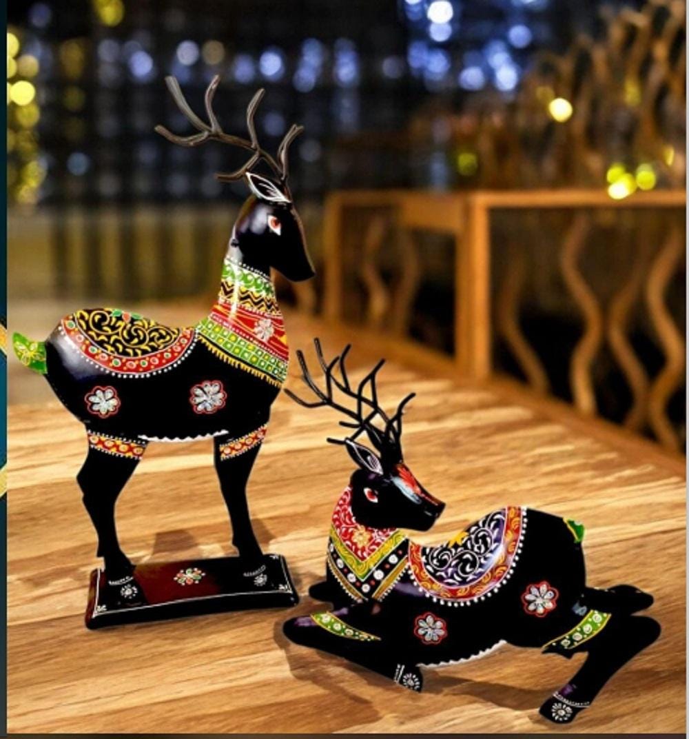 Metal Hand-Painted Deer Figurine Set, Indian Folk Art Rela/Sitting Reindeer, Home Decor/Gift