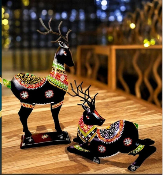 Metal Hand-Painted Deer Figurine Set, Indian Folk Art Rela/Sitting Reindeer, Home Decor/Gift