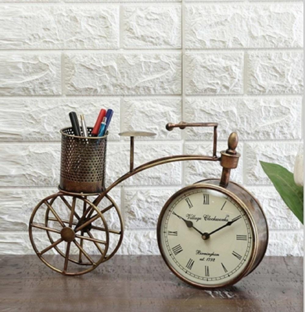 Vintage Bicycle Desk Clock with Pen Holder: Rustic Metal Bike Organizer