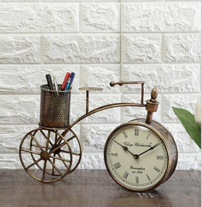 Vintage Bicycle Desk Clock with Pen Holder: Rustic Metal Bike Organizer