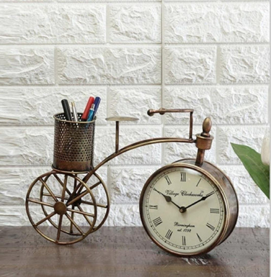 Vintage Bicycle Desk Clock with Pen Holder: Rustic Metal Bike Organizer