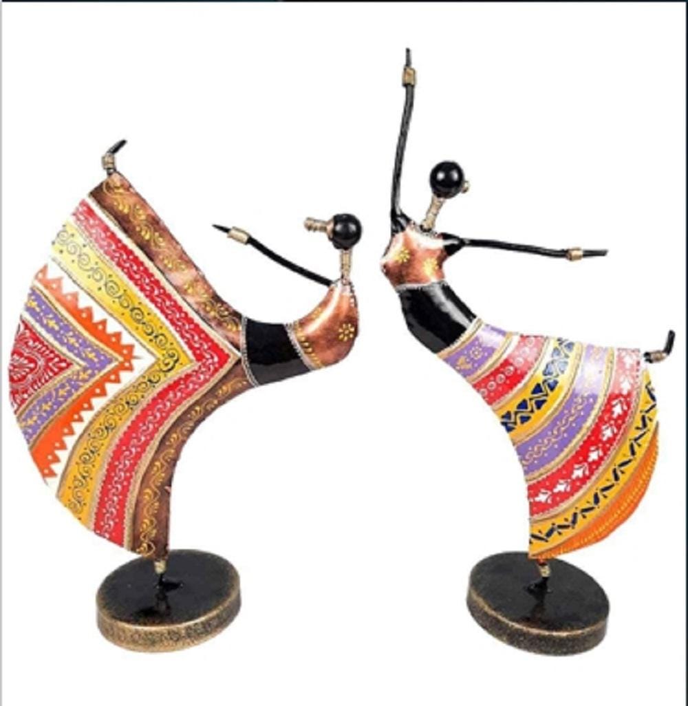 Hand-Painted Meenakari Metal Dancer Figurines: Abstract Folk Art Decor