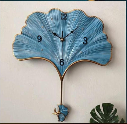 Blue Ginkgo Leaf Wall Clock: Mid-Century Modern Pendulum Art