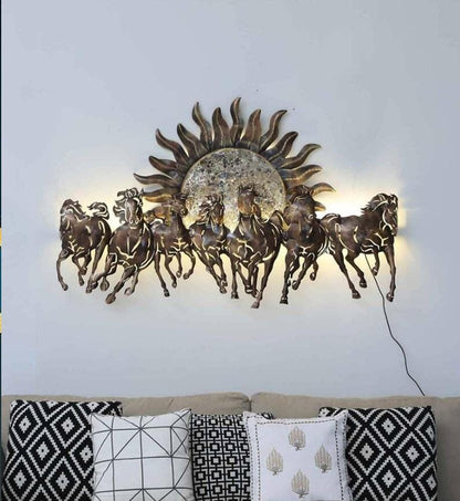 Large Metal Seven Horses Wall Art: Copper & Gold Sun Sculpture