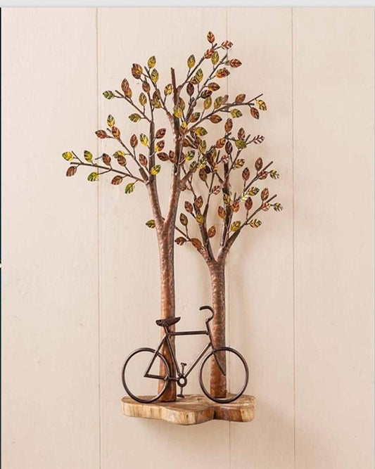 Rustic Metal Tree Shelf: Autumn Foliage & Bicycle Wall Decor