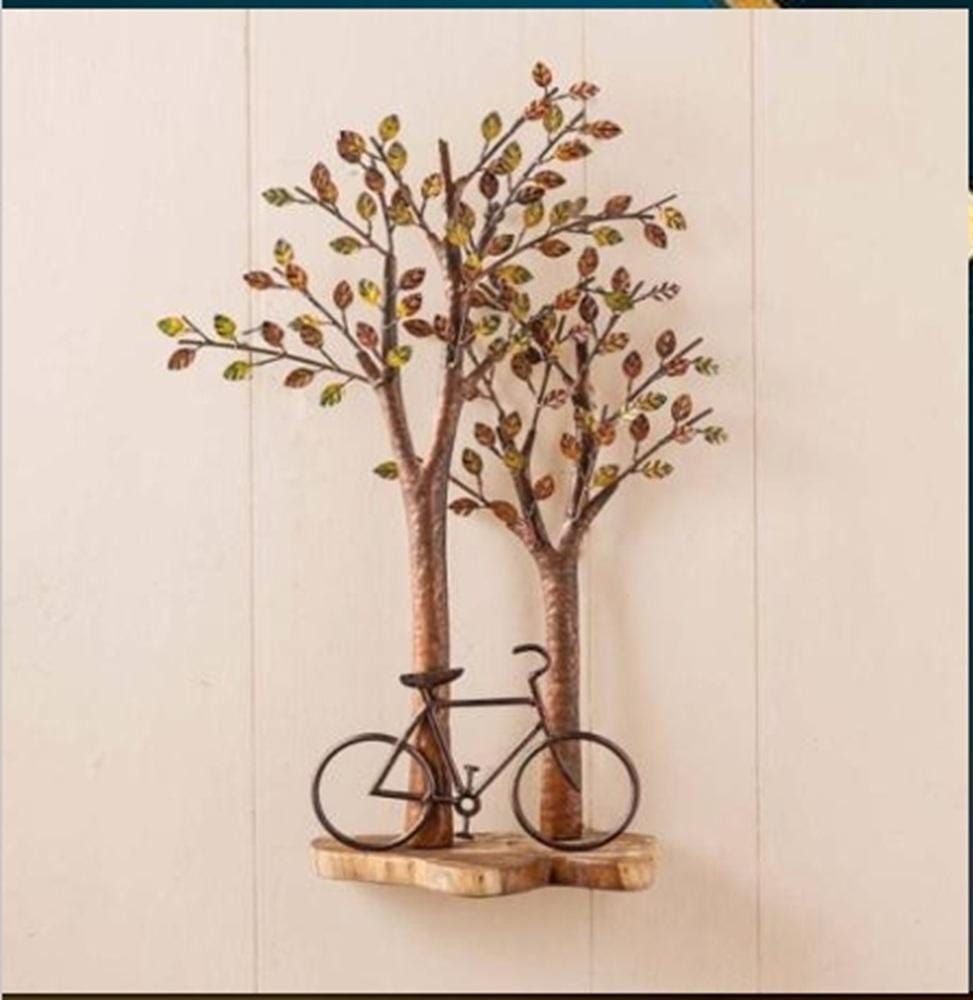 Rustic Metal Tree Shelf: Autumn Foliage & Bicycle Wall Decor