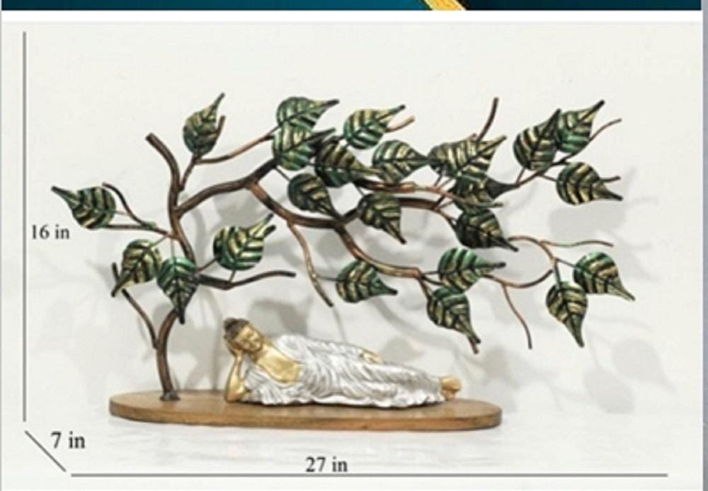 Reclining Buddha Sculpture: Metal Tree of Life, Zen Decor (16x27x7 inches)