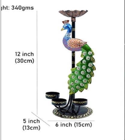 Hand-Painted Peacock Tealight Holder: 12" Diwali Diya Stand