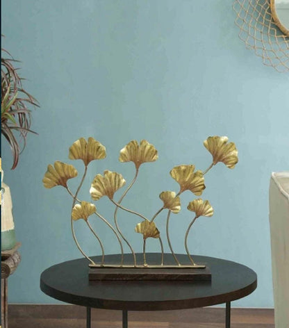 Golden Gingko Leaf Sculpture: Modern Metal Accent on Wood Base