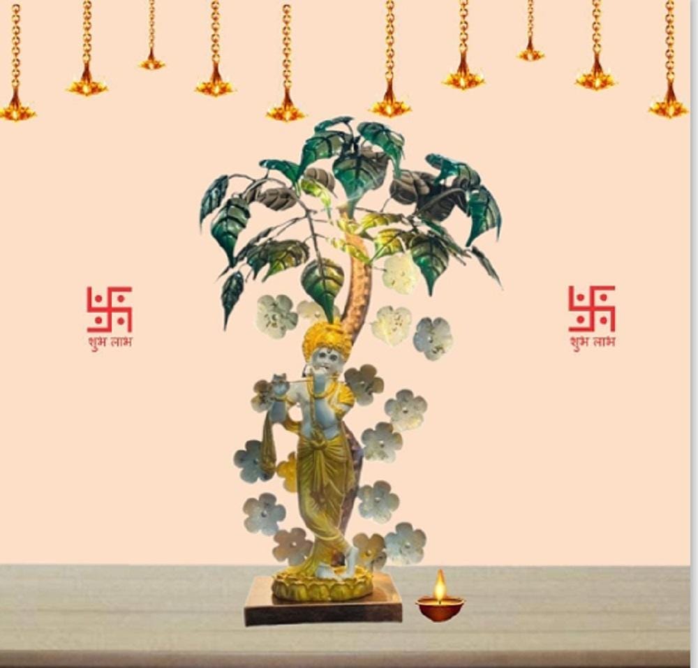 Handpainted Krishna Flute Player Statue: Bodhi Tree Indian Altar Decor