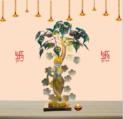 Handpainted Krishna Flute Player Statue: Bodhi Tree Indian Altar Decor