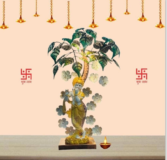 Handpainted Krishna Flute Player Statue: Bodhi Tree Indian Altar Decor