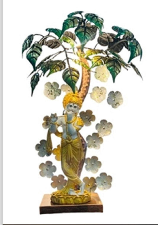Handpainted Krishna Flute Player Statue: Bodhi Tree Indian Altar Decor