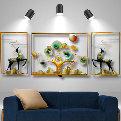Abstract Golden Forest Wall Hanging Trio | 34 inch Contemporary Deer Sculpture | Luxury Home Accent