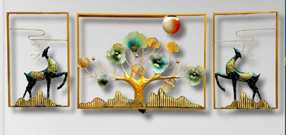 Abstract Golden Forest Wall Hanging Trio | 34 inch Contemporary Deer Sculpture | Luxury Home Accent