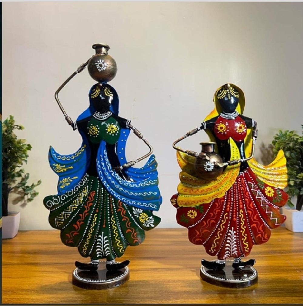 Vibrant Indian Handicraft Lady Figurine with Matka - Decorative Table/Console Accent