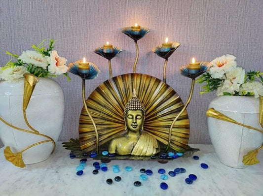 Golden Buddha Tealight Holder: Metal Lotus Candelabra, Meditation Decor