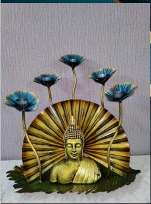 Golden Buddha Tealight Holder: Metal Lotus Candelabra, Meditation Decor