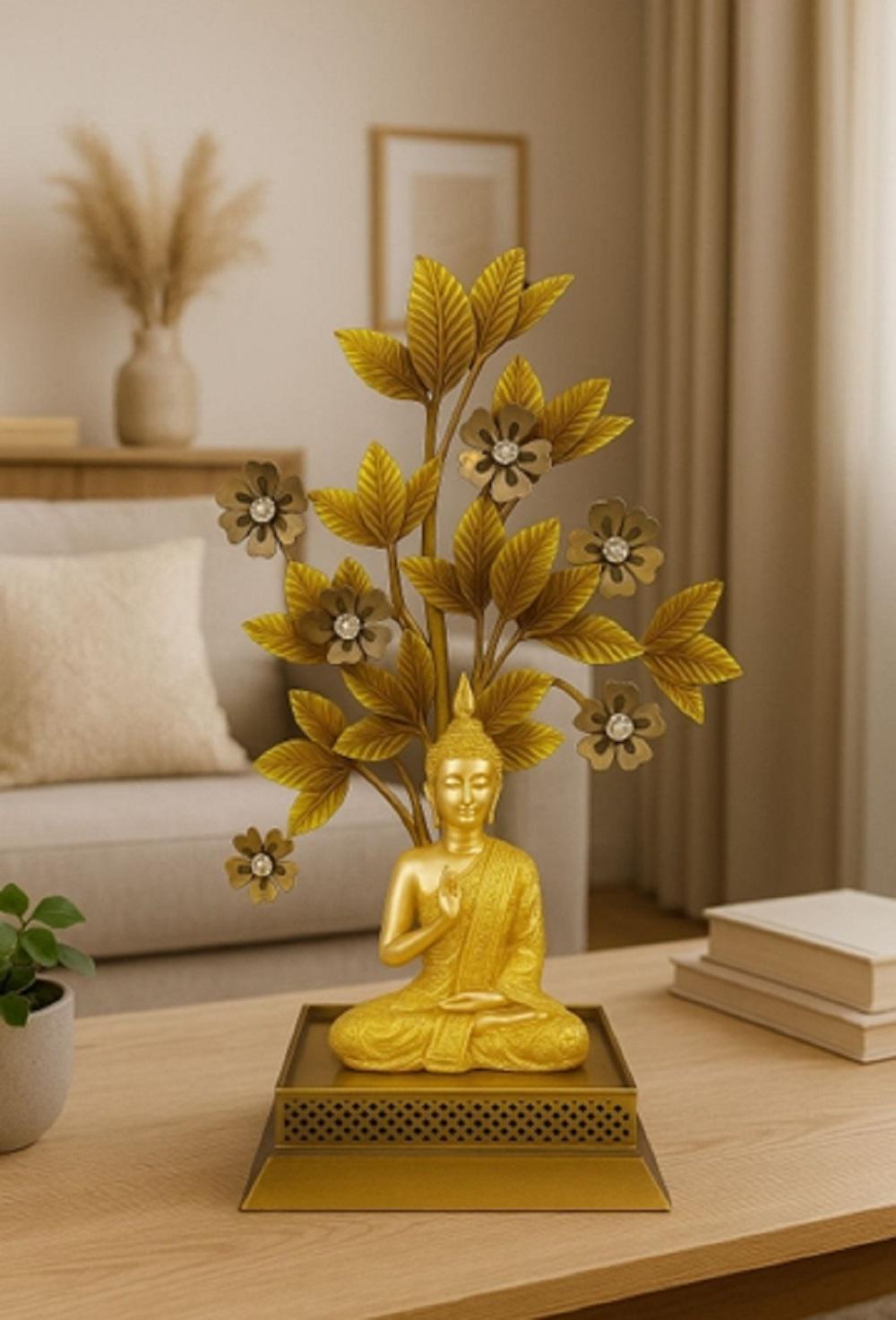 Golden Meditating Buddha Statue with Bodhi Tree - Feng Shui Decor