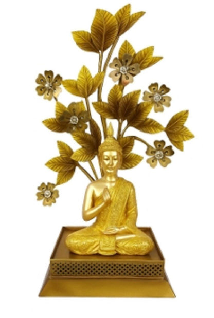 Golden Meditating Buddha Statue with Bodhi Tree - Feng Shui Decor