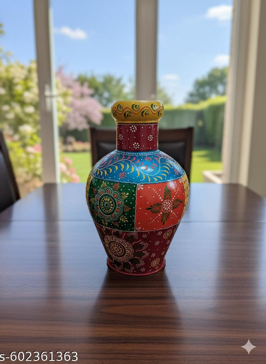 Handmade | Hand Painted Traditional Indian Metal Vase | Colorful Metal Matka for Living Room/Decor