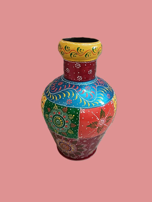 Handmade | Hand Painted Traditional Indian Metal Vase | Colorful Metal Matka for Living Room/Decor