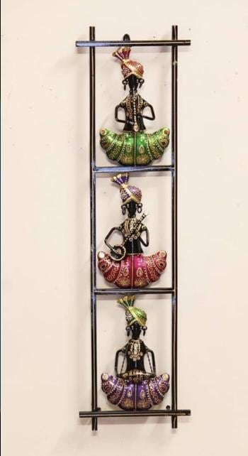 Hand-Painted Metal Musician , Indian Folk Wall Hanging |  Long Vertical Frame Sculpture