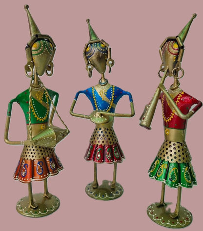 Handcrafted Indian Metal Musician Set (3 Pieces) | Hand Painted Folk Art Figurines | Traditional