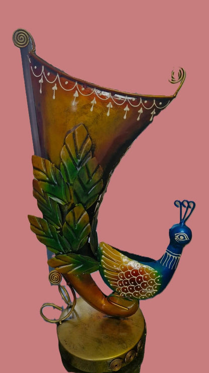 Hand-Painted Metal Peacock Decor | Indian Folk Art Showpiece | Horn Shaped Floral Vase |