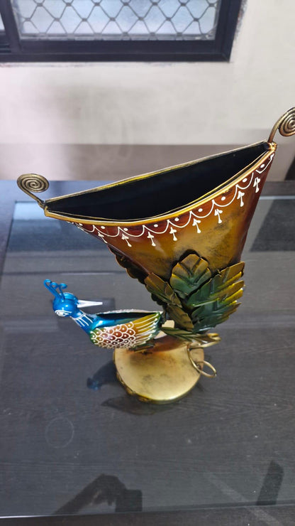Hand-Painted Metal Peacock Decor | Indian Folk Art Showpiece | Horn Shaped Floral Vase |
