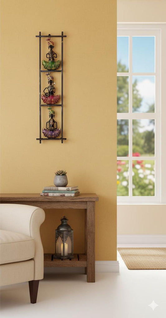 Hand-Painted Metal Musician , Indian Folk Wall Hanging |  Long Vertical Frame Sculpture