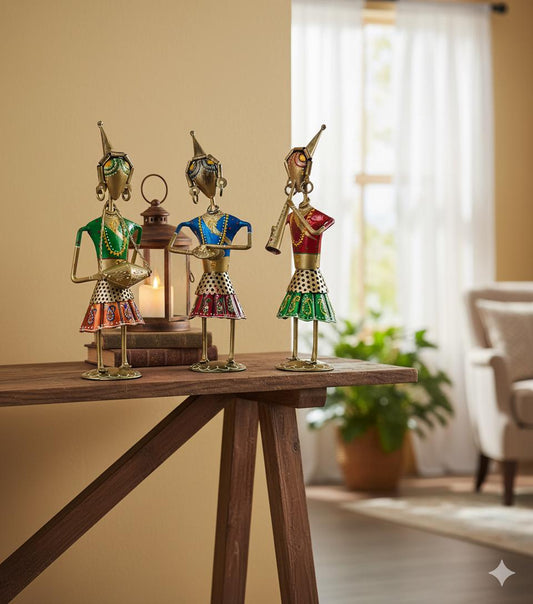 Handcrafted Indian Metal Musician Set (3 Pieces) | Hand Painted Folk Art Figurines | Traditional