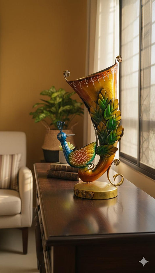 Hand-Painted Metal Peacock Decor | Indian Folk Art Showpiece | Horn Shaped Floral Vase |