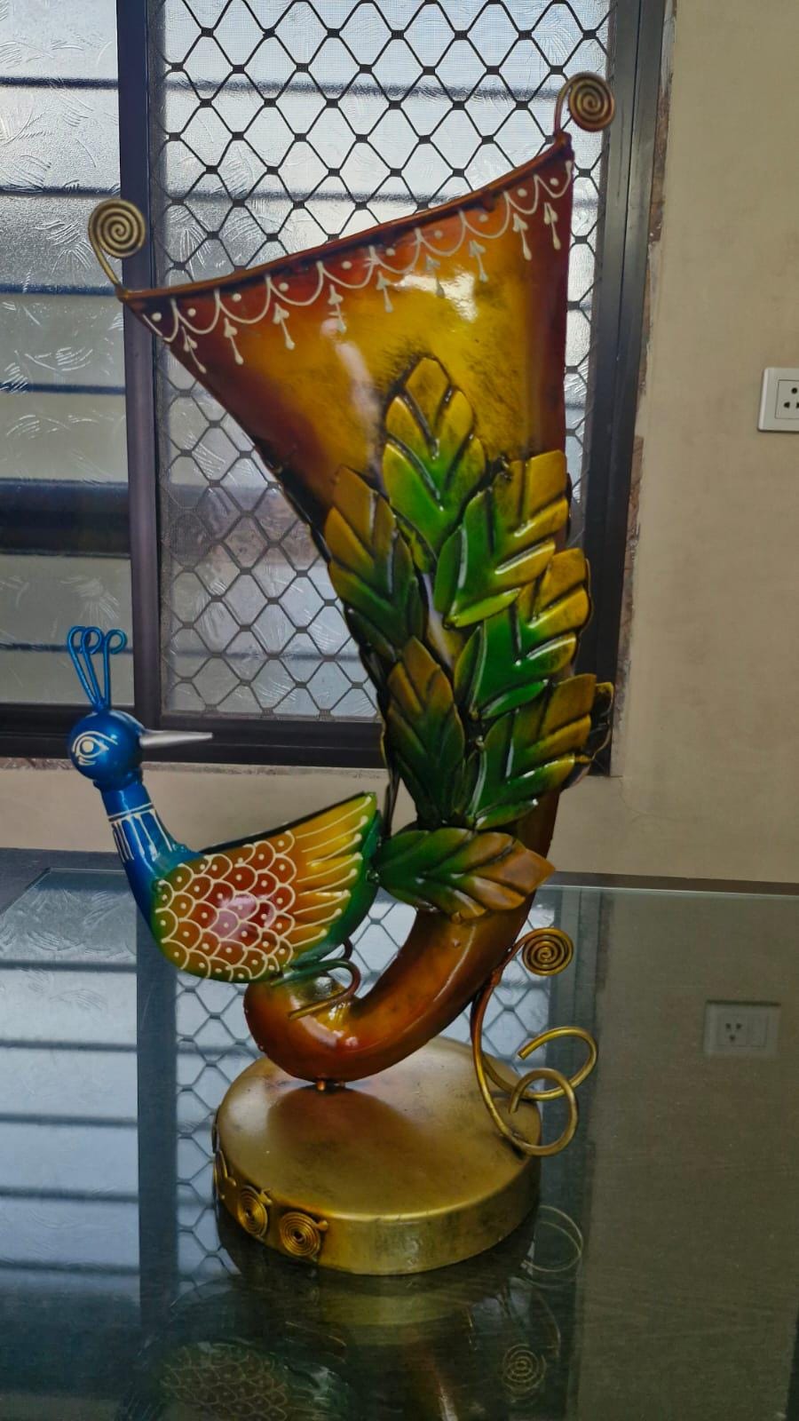 Hand-Painted Metal Peacock Decor | Indian Folk Art Showpiece | Horn Shaped Floral Vase |